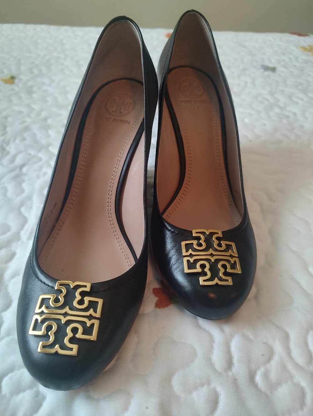 Tory Burch Black Leather Wedge Heels with Gold Logo Medallion